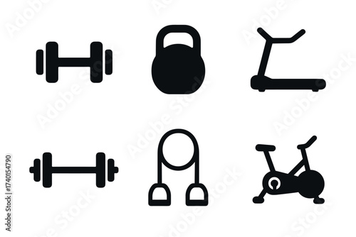 Gym and fitness equipment icon set. Vector black symbols of workout and exercise