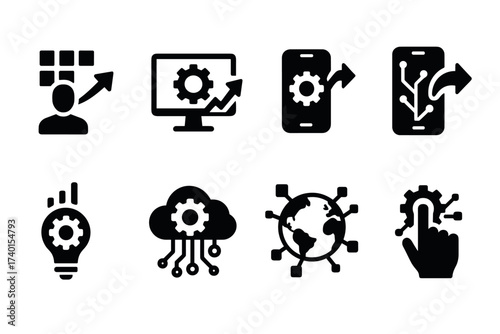 Digital transformation and process automation icon set. Vector black symbols of technology and innovation