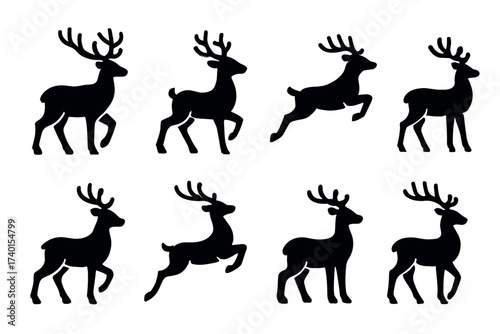 Reindeer and deer silhouette icon set. Vector black symbols of Christmas and wildlife