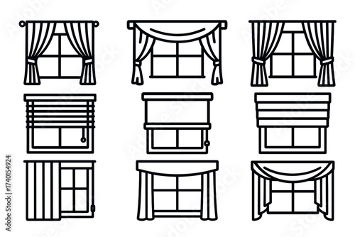 Curtains and blinds icon set. Vector line art symbols of window treatments and home decor
