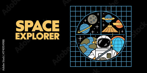 Astronaut space explorer illustration with planets and stars on black background
