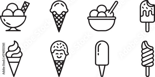 8 piece frozen treats vector pack line icons popsicle cone bowl softserve spiral stick dessert clipart for menu design