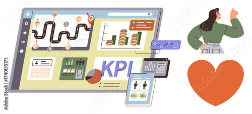 Analytics dashboard featuring financial data, KPIs, charts, and project timeline. Woman planning strategy alongside analytics screen and heart symbol. Ideal for business, data, goal-setting, finance