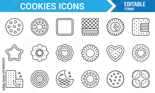 Vector line cookie icons including chocolate chip, heart, and star shapes