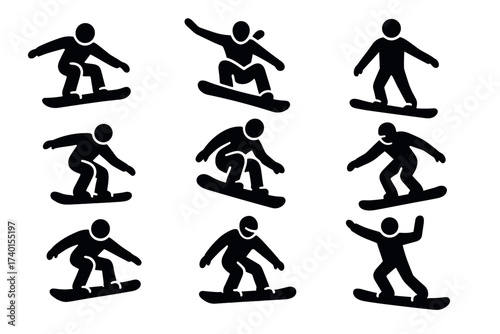 Snowboarding Icon Set. Vector black symbols of snowboard, jump, and winter sport glyph illustrations