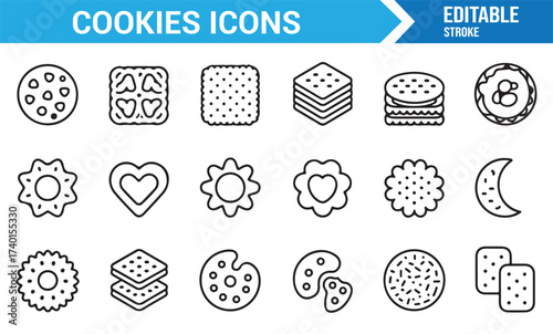 Outline cookies and biscuit symbols pack for sweet food and snack design