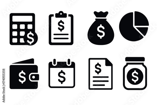 Finance and accounting icon set. Vector black symbols of budgeting and money