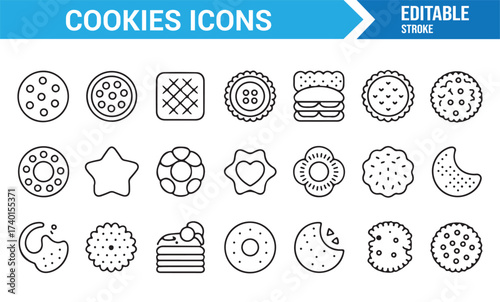 Editable stroke cookie icons set for dessert, bakery, and confectionery themes