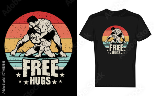 Vintage retro funny free hugs wrestling t shirt design featuring a silhouette of wrestlers in a humorous pose perfect for apparel and graphic projects