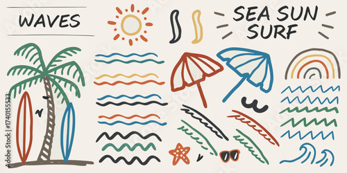 Fun hand drawn summer beach elements including palm tree surfboards sun waves umbrellas and rainbow