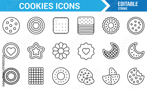Cookies line icons collection of biscuits, sweets, and pastries in vector style