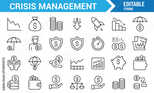 Crisis and risk control vector icons collection for finance and business design