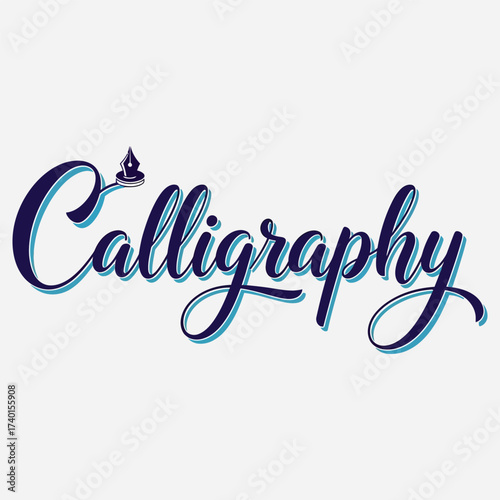 Stylish blue script typography for the word calligraphy, featuring a classic fountain pen nib and a subtle shadow effect