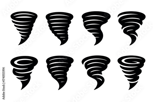 Tornado and twister icon set. Vector black symbols of severe weather and storms