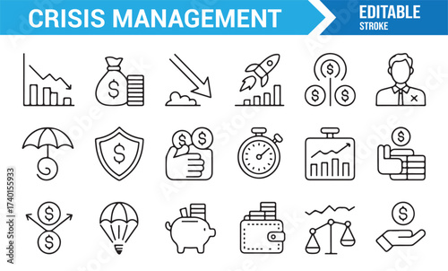 Editable stroke business icons for finance, crisis, and profit improvement