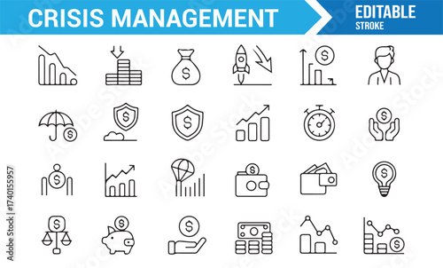 Outline vector icons of crisis response, business recovery, and strategy tools