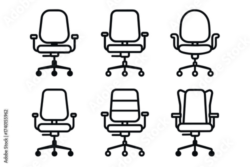 Office chair icon set. Vector line art symbols of workplace furniture and seating