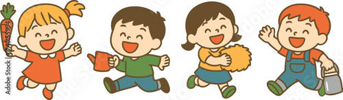 Cute cartoon vector of children doing garden activities: holding a carrot, watering plants, carrying a bucket, and playing with a pompom; cheerful preschool scene for educational materials.