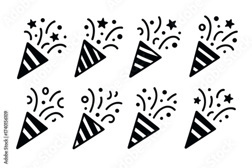 Party popper and celebration icon set. Vector symbols of confetti and festivities