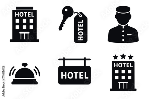 Hotel services and accommodation icon set. Vector black symbols of hospitality