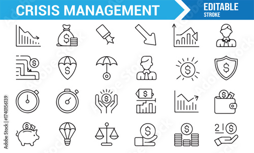 Financial planning and management icons set with wallet and balance symbols