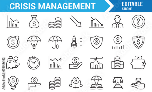 Vector line icon set for economic crisis, investment, and recovery design