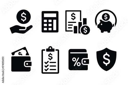 Personal finance and money management icon set. Vector black symbols of savings and budget