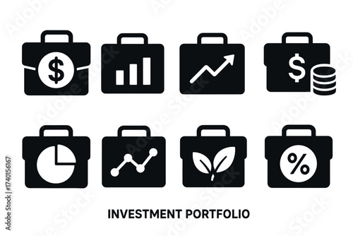 Investment portfolio and finance icon set. Vector black symbols of assets and stock market