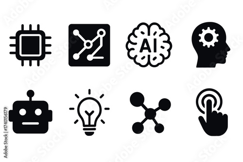 Artificial intelligence and machine learning icon set. Vector black symbols of AI technology