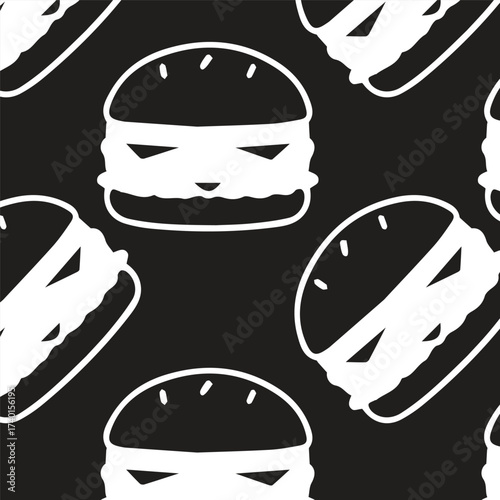 Seamless Pattern of Burger in white color on black background