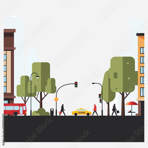 Vibrant flat design illustration of a modern city street scene, featuring buildings, green trees, diverse vehicles, and pedestrians, capturing the essence of daily urban life