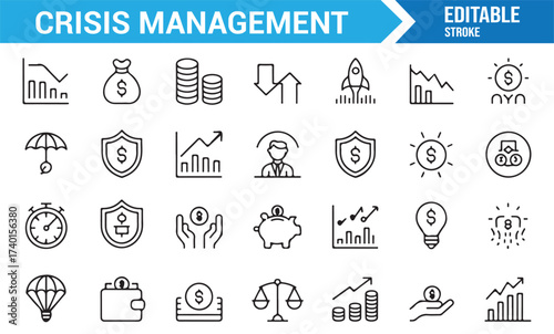 Business strategy outline icons pack with charts, shields, and money symbols