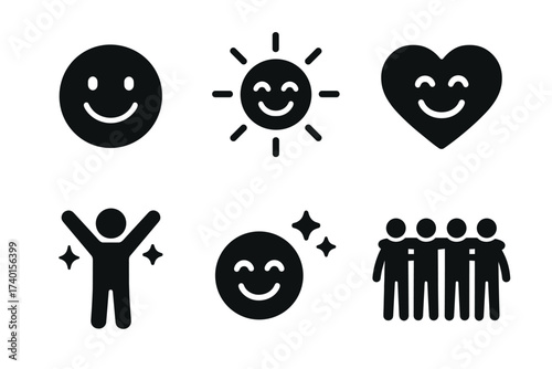 Happiness and positive emotions icon set. Vector black symbols of joy and friendship