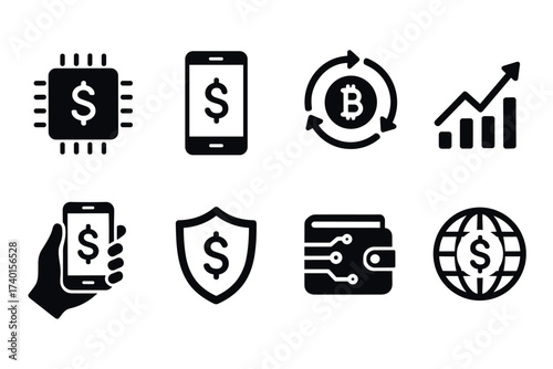 Cryptocurrency and Blockchain Icon Set. Vector black digital finance symbols of bitcoin, wallet, mobile payment, and global transaction illustrations