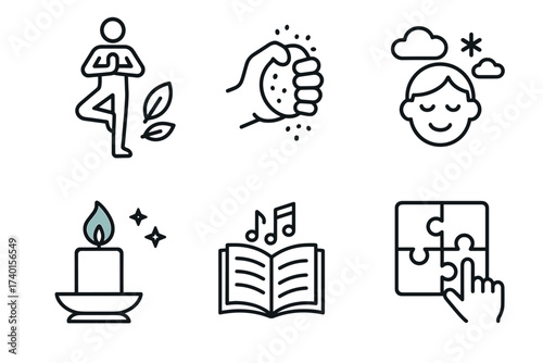 Mindfulness and self-care icon set. Vector line art symbols of relaxation and wellbeing