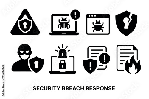 Security breach response icon set. Vector black symbols of cyber attack and data protection