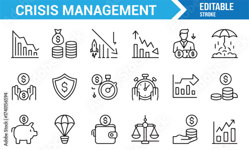 Crisis management line icons set for business strategy and financial planning