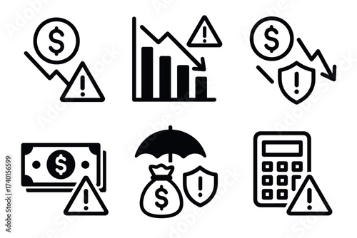 Financial Risk and Crisis Icon Set. Vector black economy symbols of decline, warning, loss, crisis, and insurance illustrations