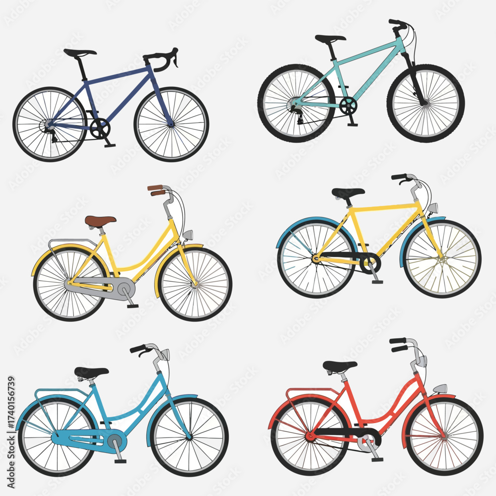 Fototapeta premium A diverse collection of various illustrated bicycles, showcasing different styles and models for urban commuting, sports, and recreational cycling adventures