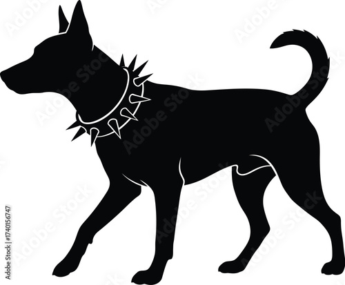 Black dog silhouette with spiked collar on white background