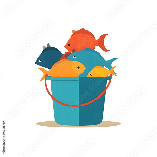 Fishing Bucket and Catch Flat Silhouette Art