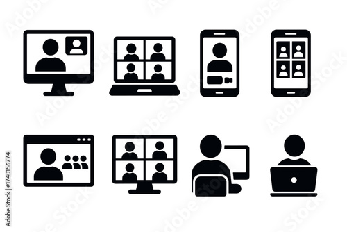 Video conference and online meeting icon set. Vector black symbols of remote communication