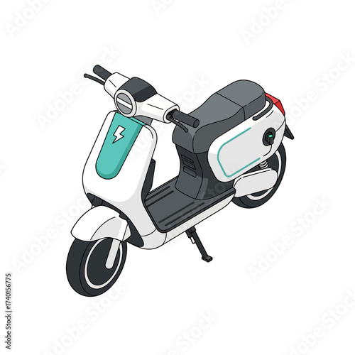Isometric vector illustration of a modern electric scooter, showcasing efficient and sustainable urban mobility with a sleek design and eco-friendly electric power for smart city commuting