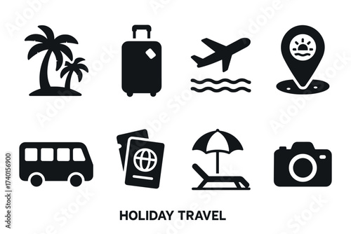 Holiday travel and vacation icon set. Vector black symbols of tourism and journey