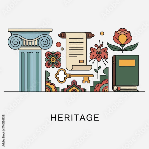 Captivating flat line art illustration featuring a curated collection of historical and cultural symbols, embodying the essence of ancestral heritage, knowledge, and legacy
