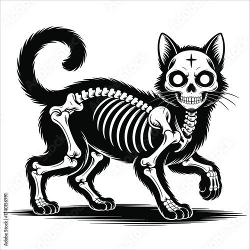 Spooky skeleton cat gothic halloween art design for t-shirts and gifts