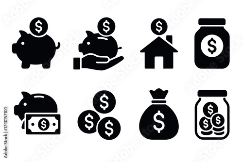 Saving money and personal finance icon set. Vector black symbols of investment and budget