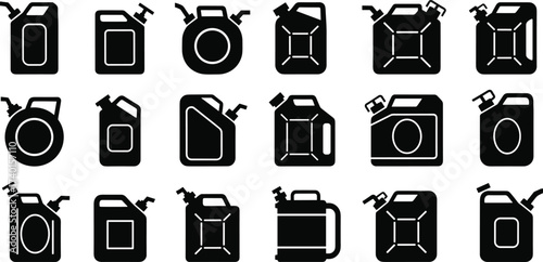 Gas can vector silhouettes, fuel container black icons, diesel oil jerrycan design, gasoline storage tank set, liquid energy container illustration