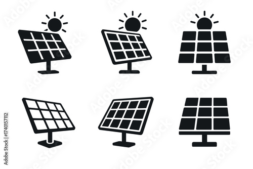 Solar panel and renewable energy icon set. Vector black symbols of green power
