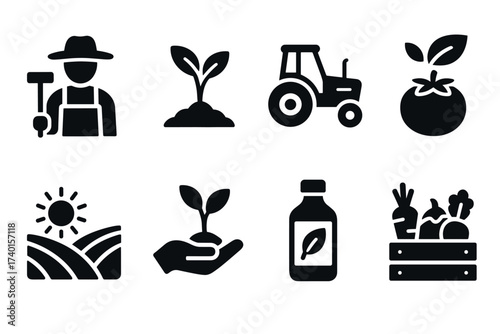 Organic farming and agriculture icon set. Vector black symbols of natural and healthy food